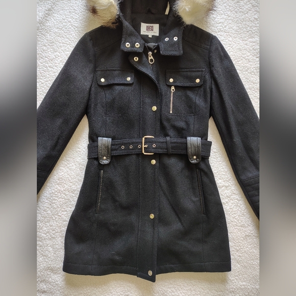Laundry by Design Women's Medium Belted Wool Blend Coat w/ Faux Fur Hood Trim - Picture 2 of 15